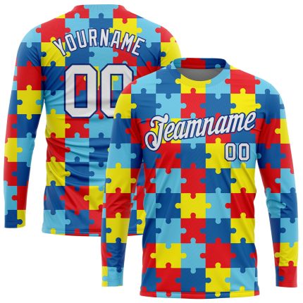 Autism Awareness Custom Colorful 3D Puzzle Pieces Long Sleeve Performance T-Shirt Custom Colorful White-Royal Autism Awareness