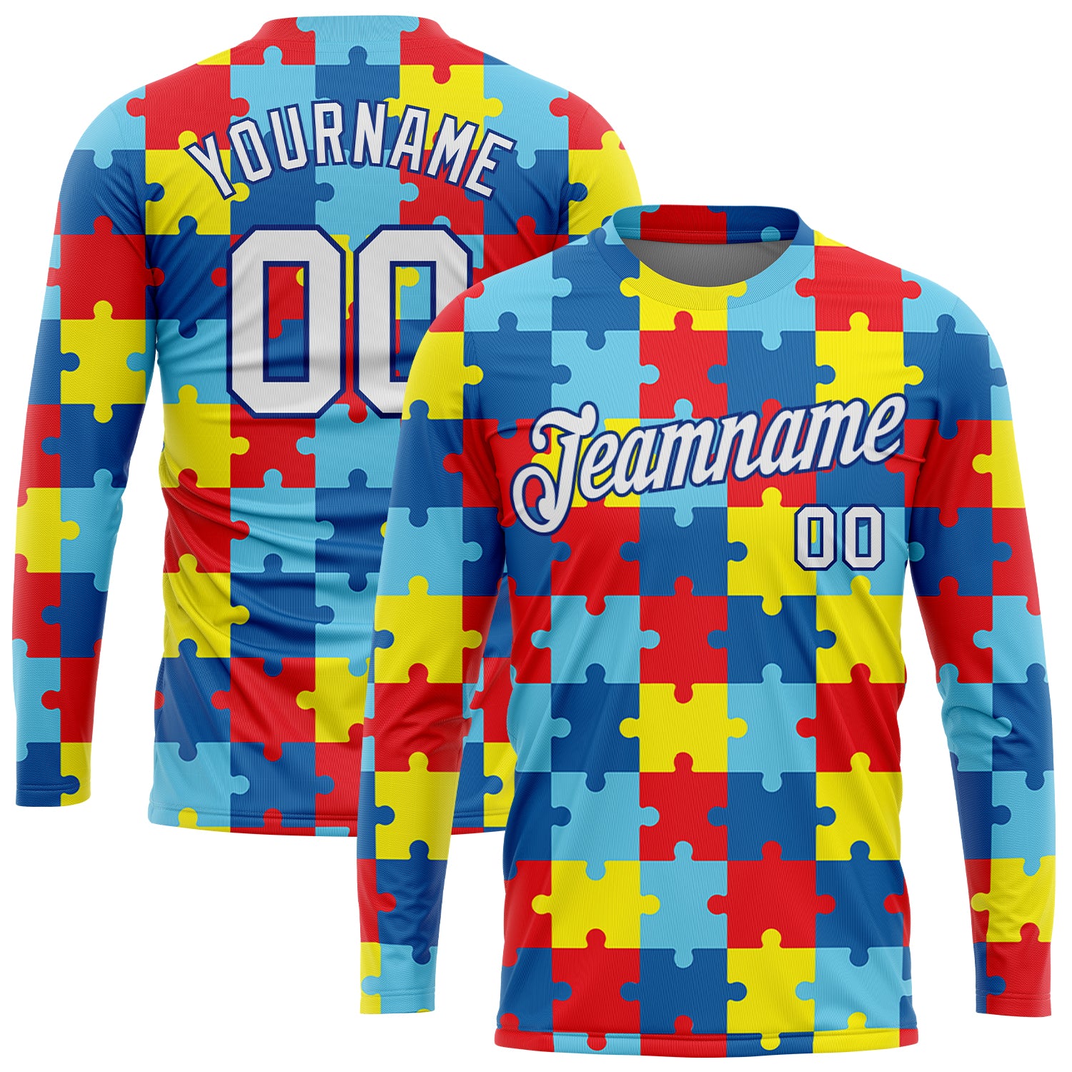 Autism Awareness Custom Colorful 3D Puzzle Pieces Long Sleeve Performance T-Shirt Custom Colorful White-Royal Autism Awareness