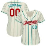 Custom Cream Aqua Pinstripe Baseball Jersey - Red Aqua-Gray Authentic Style Custom Cream Aqua Pinstripe Red Aqua-Gray Authentic