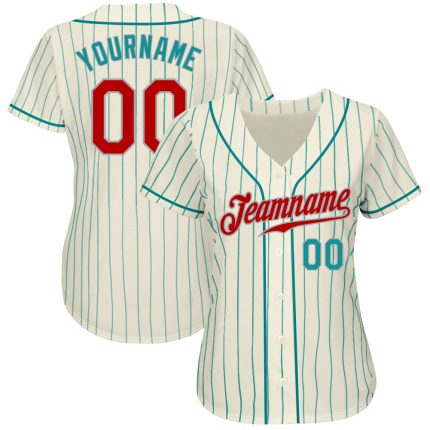 Custom Cream Aqua Pinstripe Baseball Jersey - Red Aqua-Gray Authentic Style Custom Cream Aqua Pinstripe Red Aqua-Gray Authentic