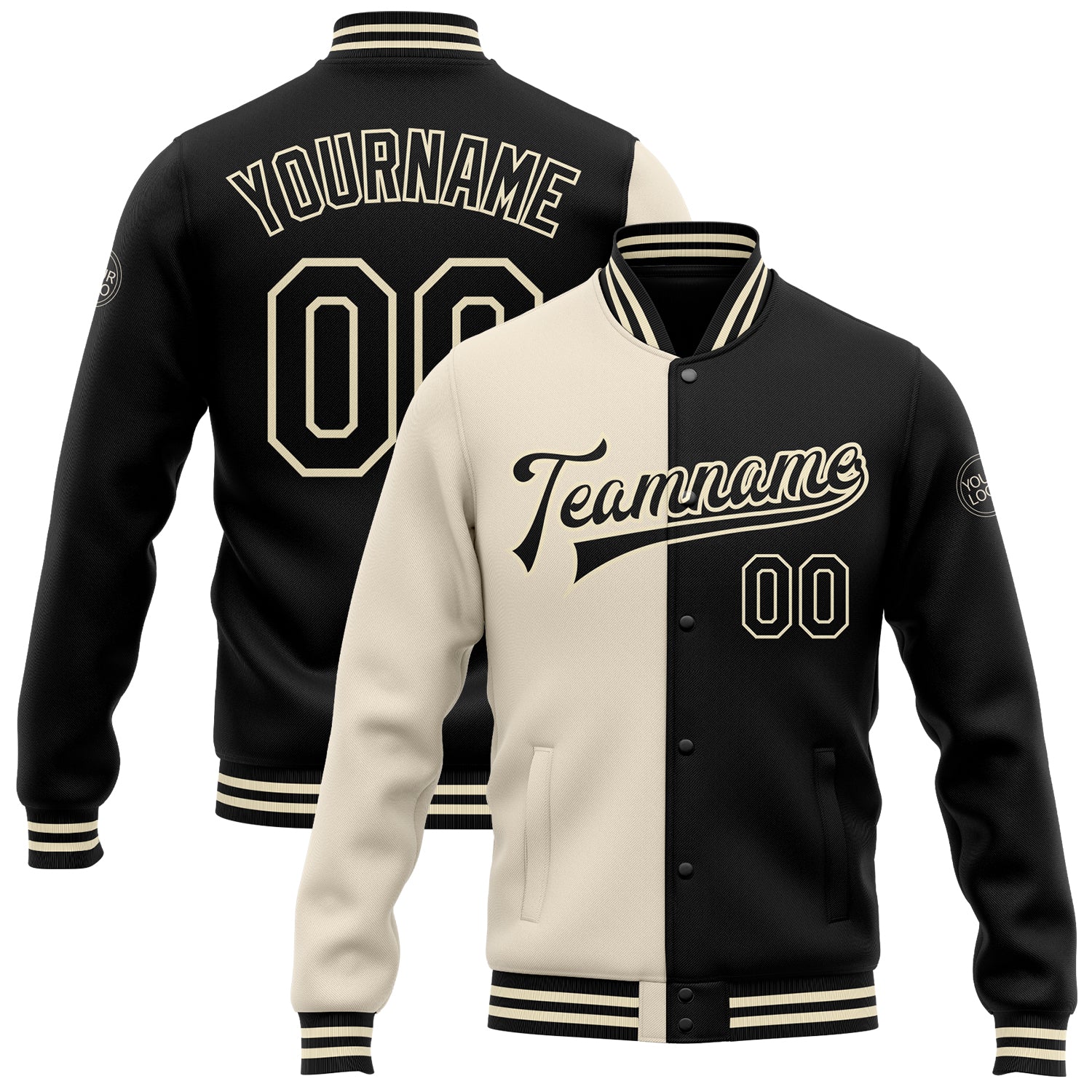 Custom Cream Black Varsity Letterman Bomber Fashion Jacket Full-Snap Custom Cream Black Bomber Full-Snap Varsity Letterman