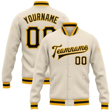 Custom Black Gold Bomber Varsity Jacket Full-Snap Letterman Style Custom Cream Black-Gold Bomber Full-Snap Varsity Letterman