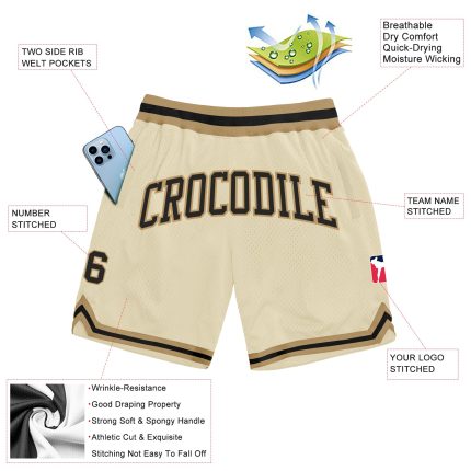 Cream Black Gold Custom Authentic Throwback Basketball Shorts Custom Cream Black-Old Gold Authentic Throwback Basketball
