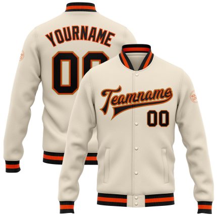 Custom Bomber Varsity Letterman Jacket in Cream Black Orange Old Gold Full-Snap Custom Cream Black Orange-Old Gold Bomber