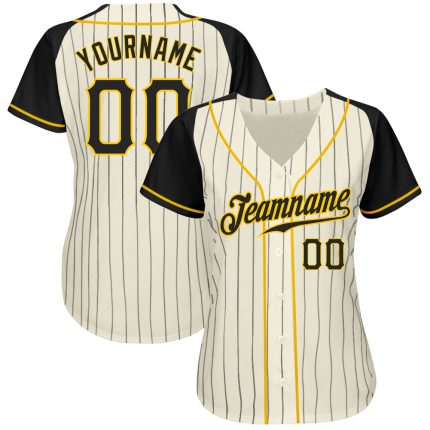 Custom Black Gold Pinstripe Baseball Jersey with Raglan Sleeves, Authentic Design Custom Cream Black Pinstripe Black-Gold