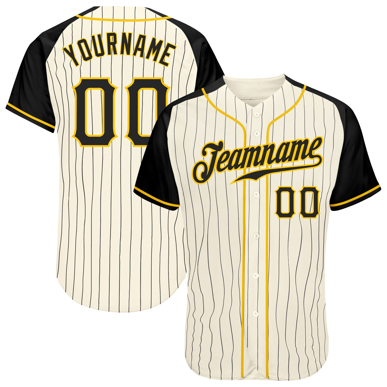 Custom Black Gold Pinstripe Baseball Jersey with Raglan Sleeves, Authentic Design Custom Cream Black Pinstripe Black-Gold