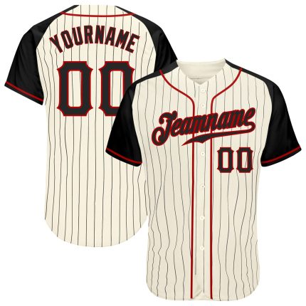 Custom Black Red Pinstripe Baseball Jersey - Authentic Cream Raglan Sleeves Custom Cream Black Pinstripe Black-Red Authentic