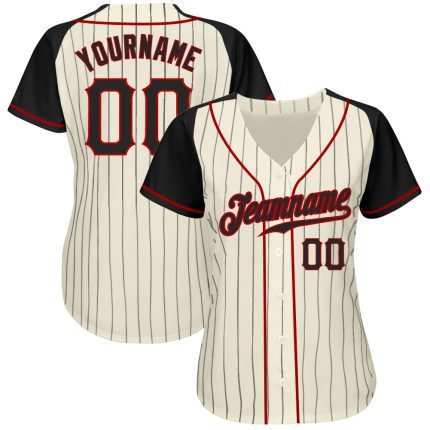 Custom Black Red Pinstripe Baseball Jersey - Authentic Cream Raglan Sleeves Custom Cream Black Pinstripe Black-Red Authentic