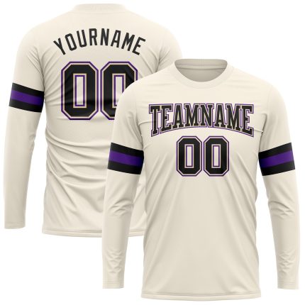 Custom Black-Purple Long Sleeve Performance T-Shirt for Activewear and Sports Custom Cream Black-Purple Long Sleeve Performance