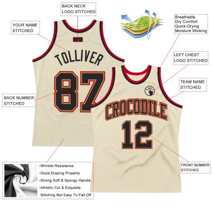 Authentic Black-Red Custom Cream Basketball Jersey | Retro Throwback Design Custom Cream Black-Red Authentic Throwback Basketball