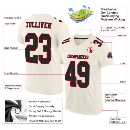 Custom Black-Red Cream Mesh Football Jersey - Authentic Sports Apparel Custom Cream Black-Red Mesh Authentic Football Jersey