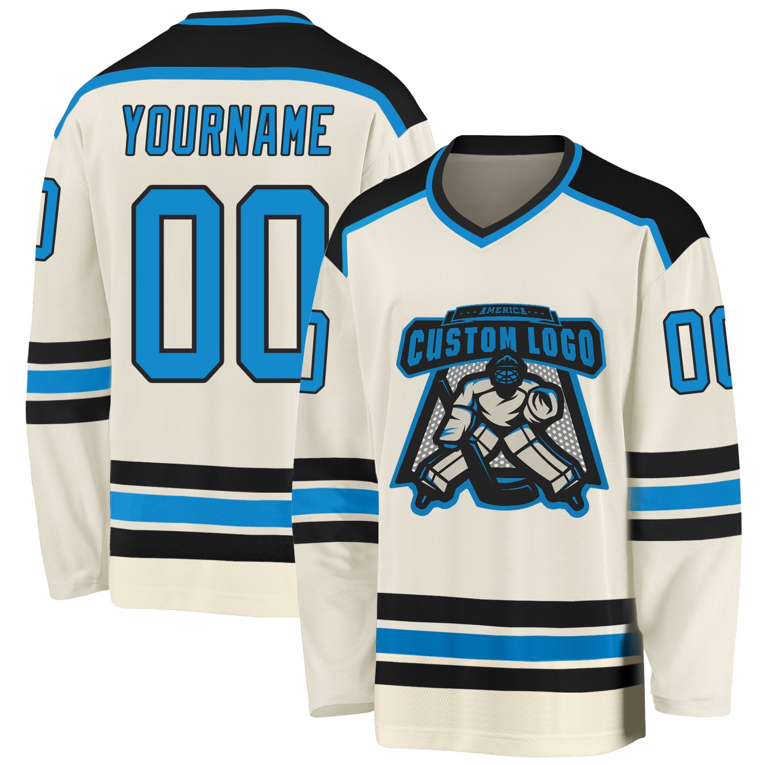 Custom Blue Black Hockey Jersey - Personalized Cream Team Apparel Custom Cream Blue-Black Hockey Jersey