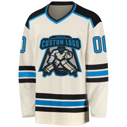 Custom Blue Black Hockey Jersey - Personalized Cream Team Apparel Custom Cream Blue-Black Hockey Jersey