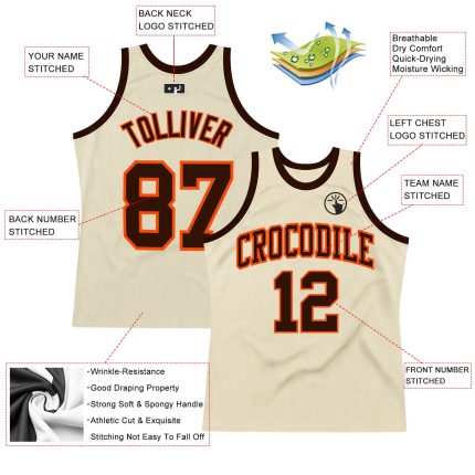 Custom Brown Orange Throwback Basketball Jersey - Authentic Basketball Apparel Custom Cream Brown-Orange Authentic Throwback