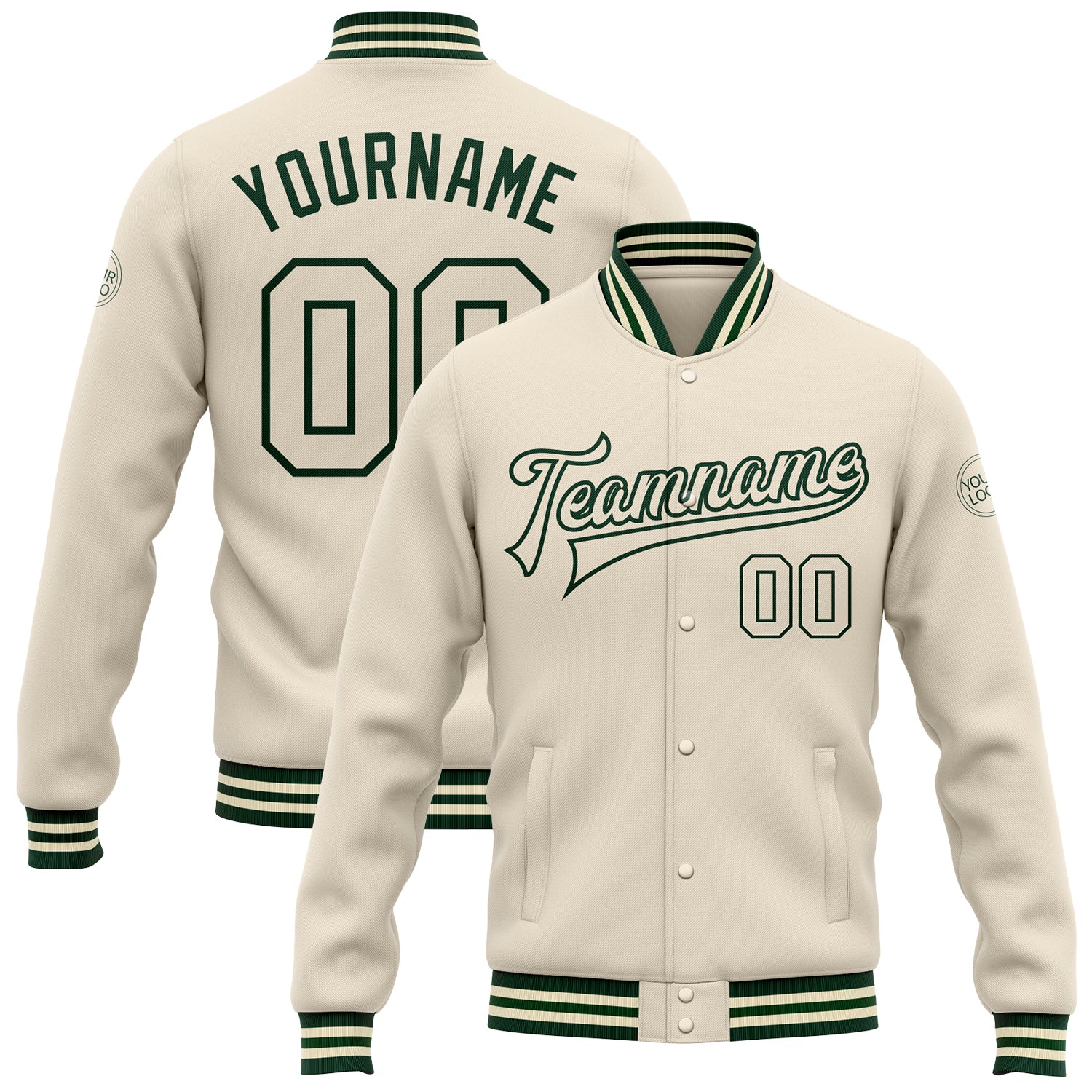 Custom Cream Green Bomber Varsity Jacket Full-Snap Letterman Style Custom Cream Cream-Green Bomber Full-Snap Varsity Letterman