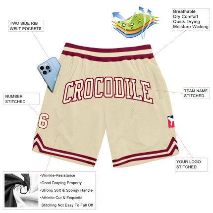Authentic Custom Cream Maroon Basketball Shorts - Throwback Style Custom Cream Cream-Maroon Authentic Throwback Basketball