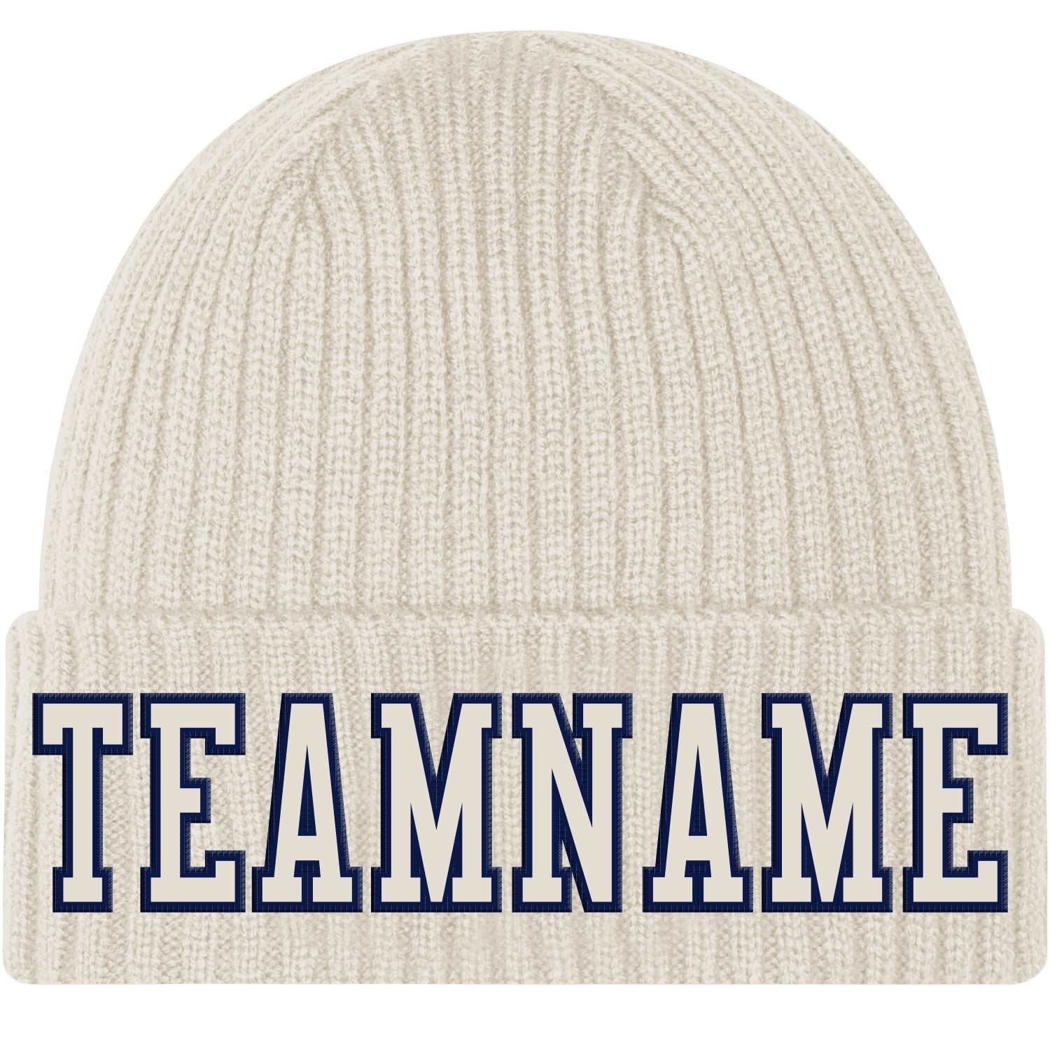 Custom Cream Navy Knit Hat with Cuffed Design and Stitched Detail Custom Cream Cream-Navy Stitched Cuffed Knit Hat
