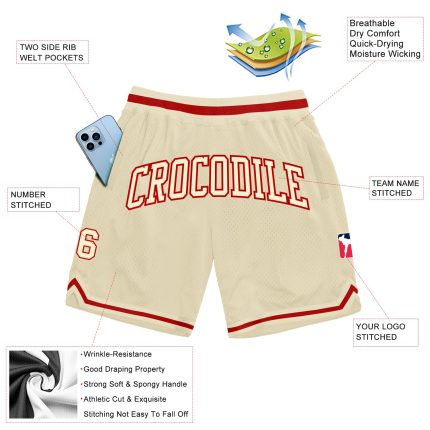 Authentic Cream-Red Custom Throwback Basketball Shorts for Men Custom Cream Cream-Red Authentic Throwback Basketball Shorts