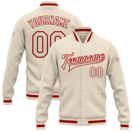Custom Cream Red Bomber Varsity Letterman Jacket Full-Snap Design Custom Cream Cream-Red Bomber Full-Snap Varsity Letterman
