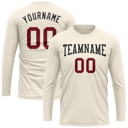 Custom Crimson Black Long Sleeve Performance T-Shirt for Men and Women Custom Cream Crimson-Black Long Sleeve Performance