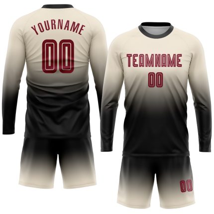 Custom Soccer Uniform Jersey - Cream Crimson Black Long Sleeve Fade Sublimation Fashion Custom Cream Crimson-Black Sublimation