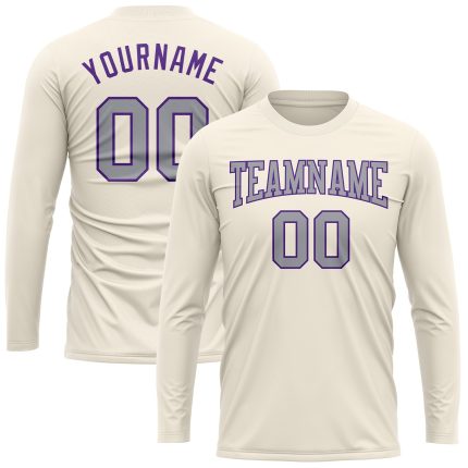 Cream Gray Purple Long Sleeve Performance T-Shirt for Men and Women, Custom Design Custom Cream Gray-Purple Long Sleeve Performance