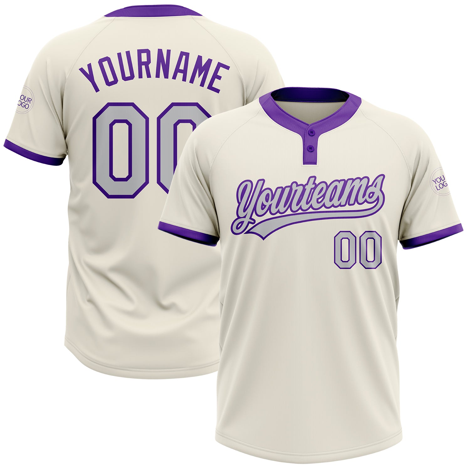 Custom Two-Button Softball Jersey Unisex in Cream Gray and Purple Custom Cream Gray-Purple Two-Button Unisex Softball Jersey