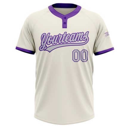 Custom Two-Button Softball Jersey Unisex in Cream Gray and Purple Custom Cream Gray-Purple Two-Button Unisex Softball Jersey