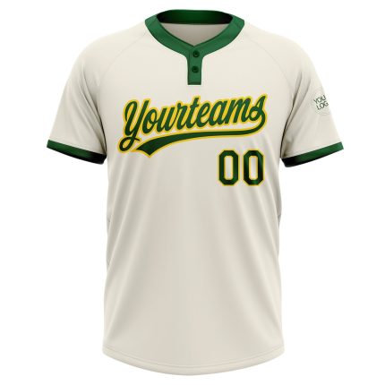 Custom Green-Gold Softball Jersey, Unisex Two-Button Design in Soft Fabric Custom Cream Green-Gold Two-Button Unisex Softball