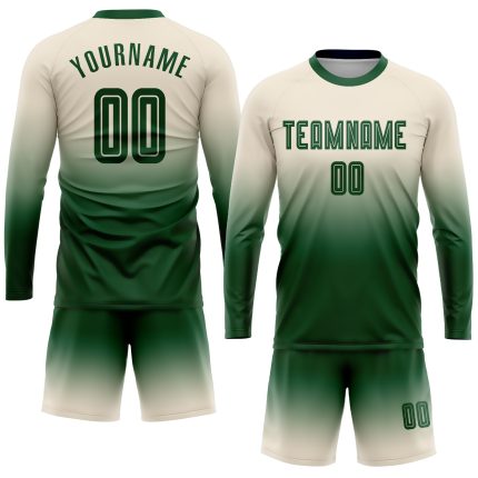 Custom Cream Green Sublimation Soccer Jersey - Long Sleeve Fade Fashion Uniform Custom Cream Green Sublimation Long Sleeve