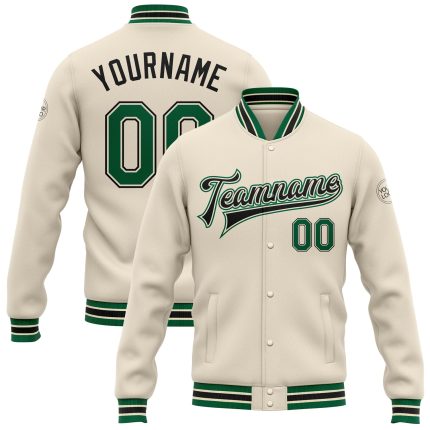 Custom Cream Kelly Green Black Bomber Varsity Jacket Full Snap Letterman Style Custom Cream Kelly Green-Black Bomber Full-Snap