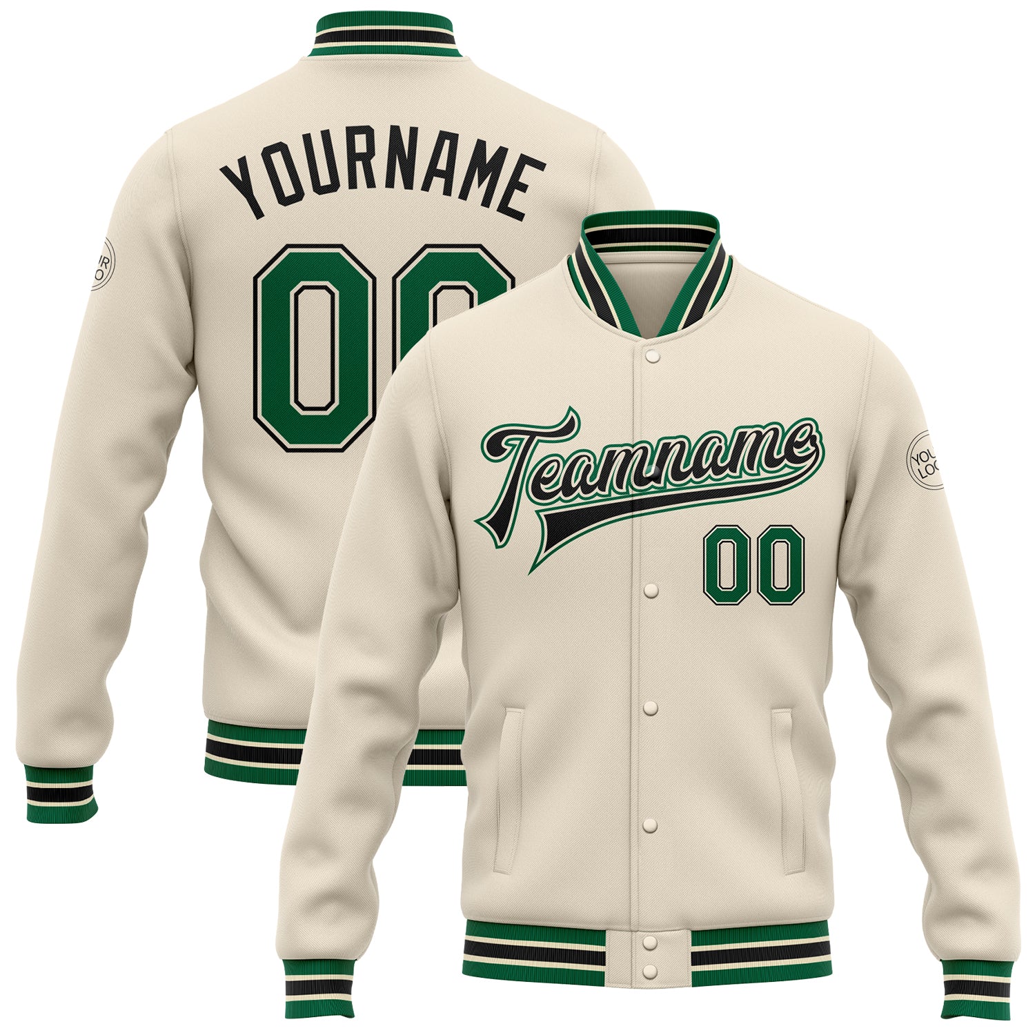 Custom Cream Kelly Green Black Bomber Varsity Jacket Full Snap Letterman Style Custom Cream Kelly Green-Black Bomber Full-Snap