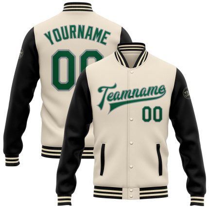 Custom Bomber Jacket in Cream Kelly Green Black-Grey Two Tone Full-Snap Varsity Letterman Style Custom Cream Kelly Green