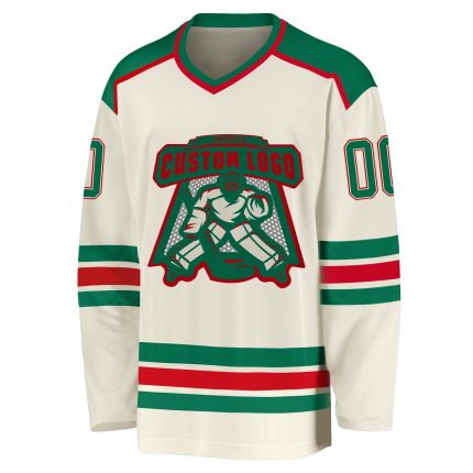 Custom Hockey Jersey in Cream, Kelly Green, and Red - Personalized Team Apparel Custom Cream Kelly Green-Red Hockey Jersey