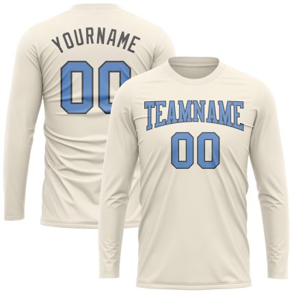 Custom Performance T-Shirt Long Sleeve in Cream Light Blue and Steel Gray Custom Cream Light Blue-Steel Gray Long Sleeve