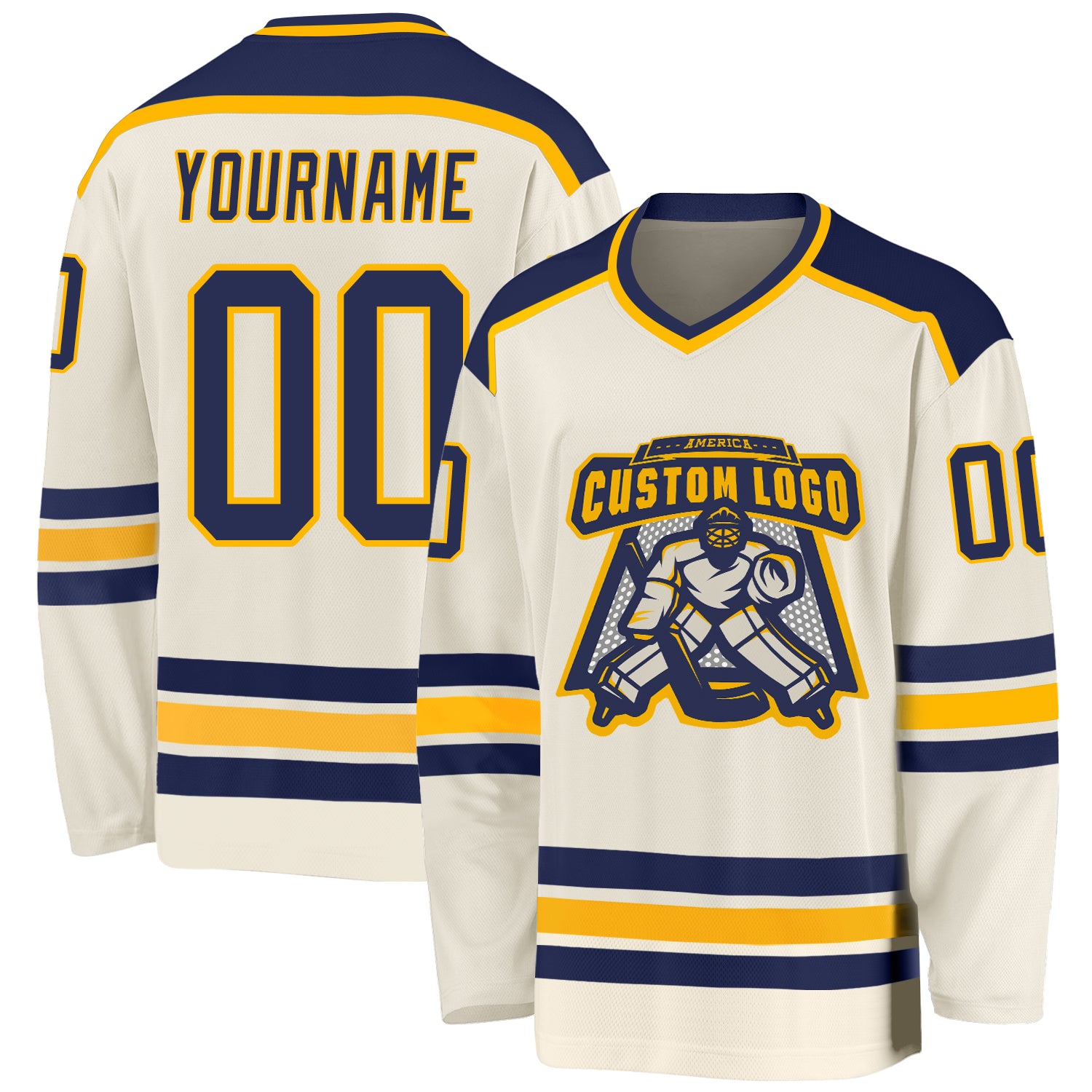 Custom Navy-Gold Hockey Jersey | Personalized Cream Hockey Team Apparel Custom Cream Navy-Gold Hockey Jersey