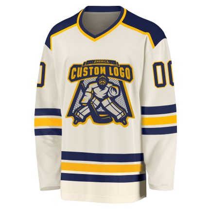 Custom Navy-Gold Hockey Jersey | Personalized Cream Hockey Team Apparel Custom Cream Navy-Gold Hockey Jersey