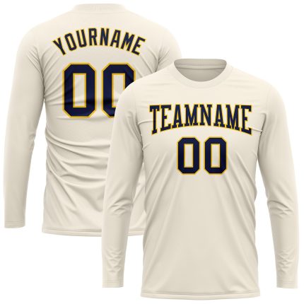Custom Performance T-Shirt Navy Gold Cream Long Sleeve for Men and Women Custom Cream Navy-Gold Long Sleeve Performance T-Shirt