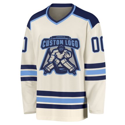 Custom Navy-Light Blue Cream Hockey Jersey - Personalized Sports Apparel Custom Cream Navy-Light Blue Hockey Jersey