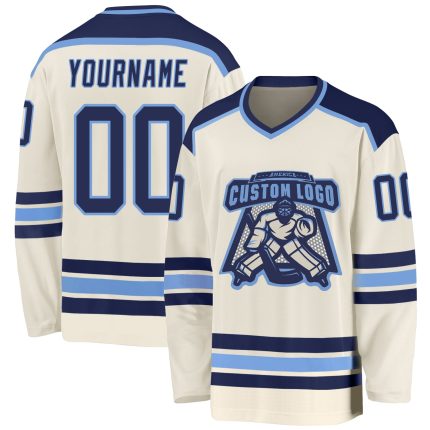 Custom Navy-Light Blue Cream Hockey Jersey - Personalized Sports Apparel Custom Cream Navy-Light Blue Hockey Jersey