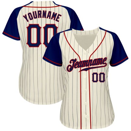 Custom Navy-Red Pinstripe Baseball Jersey - Authentic Raglan Sleeves, Cream Color Custom Cream Navy Pinstripe Navy-Red Authentic
