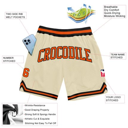 Custom Cream Orange Black Basketball Shorts Authentic Throwback Style Custom Cream Orange-Black Authentic Throwback Basketball