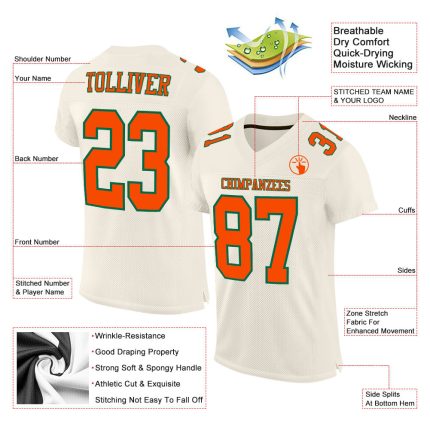 Custom Cream Orange Kelly Green Football Jersey - Authentic Mesh Design Custom Cream Orange-Kelly Green Mesh Authentic Football