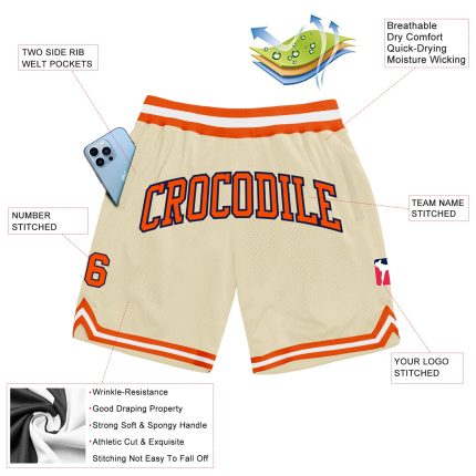 Custom Basketball Shorts in Cream Orange and Navy - Authentic Throwback Style Custom Cream Orange-Navy Authentic Throwback