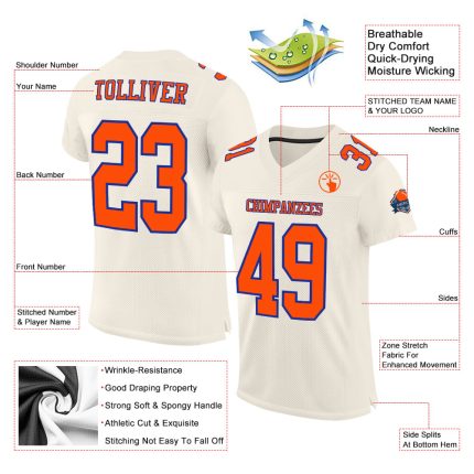 Custom Authentic Football Jersey - Cream Orange-Royal Mesh Design Custom Cream Orange-Royal Mesh Authentic Football Jersey