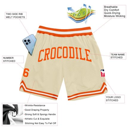 Custom Cream Orange-White Basketball Shorts - Authentic Throwback Design Custom Cream Orange-White Authentic Throwback Basketball
