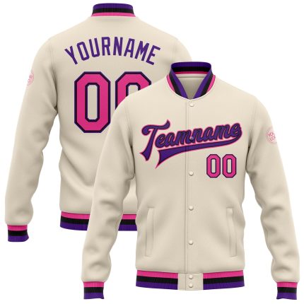 Custom Pink Black Purple Varsity Letterman Bomber Jacket Full-Snap for Men and Women Custom Cream Pink Black-Purple Bomber