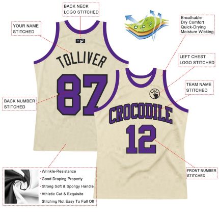 Authentic Throwback Basketball Jersey - Custom Purple and Black Design Custom Cream Purple-Black Authentic Throwback Basketball