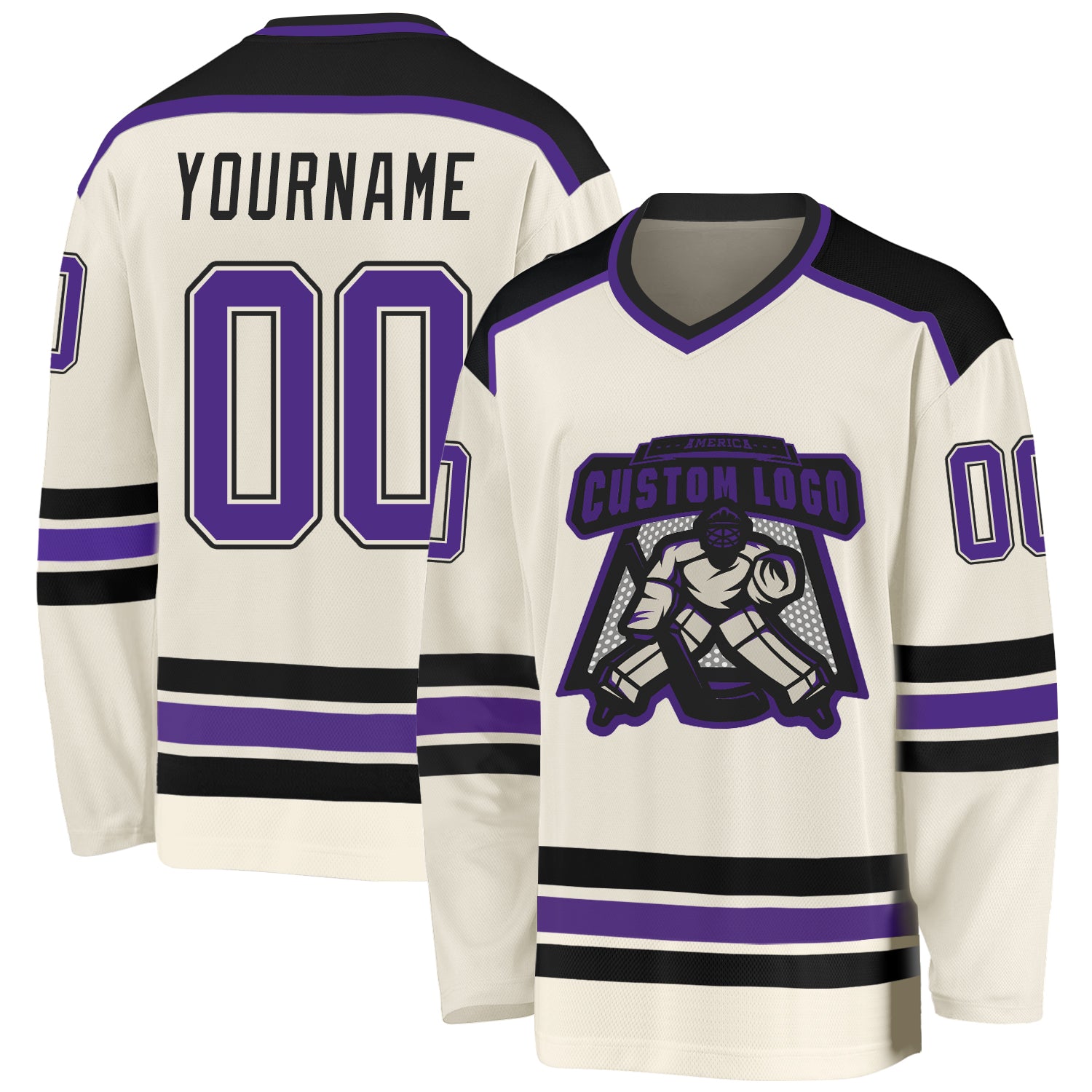 Custom Cream Purple-Black Hockey Jersey Custom Purple Black Hockey Jersey - Personalized Cream Design for Teams Custom Cream Purple-Black Hockey Jersey