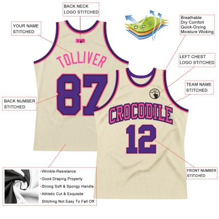 Authentic Throwback Basketball Jersey Custom Cream Purple Black Pink Design Custom Cream Purple Black-Pink Authentic Throwback